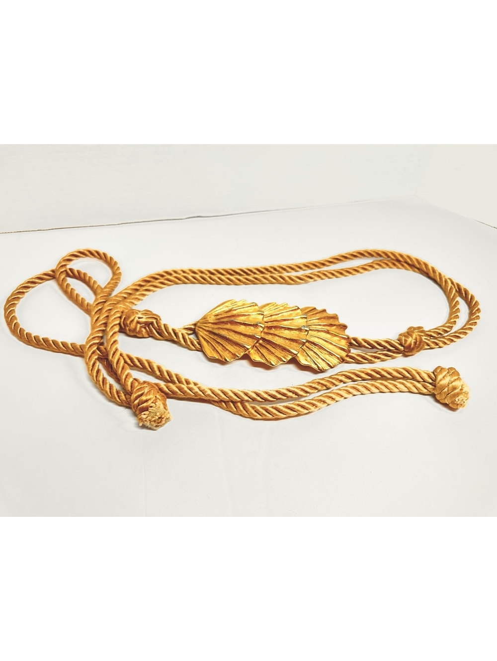 Vintage 48" Tan Rope Belt Gold Tone Metal Sea Shells Buckle